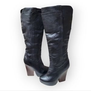 Dolce Vita Knee High Black Leather Boots with Wood Wedge Heel 7.5